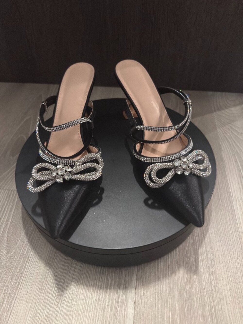 Black Satin Rhinestone Bow Mule Heel Shoes